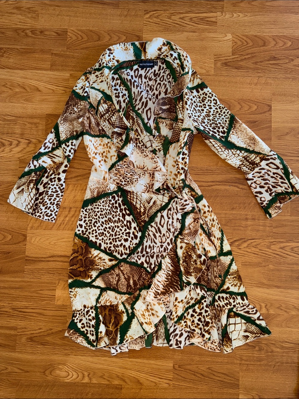 Pretty Little Thing Animal Print Wrap Dress in Green and Brown